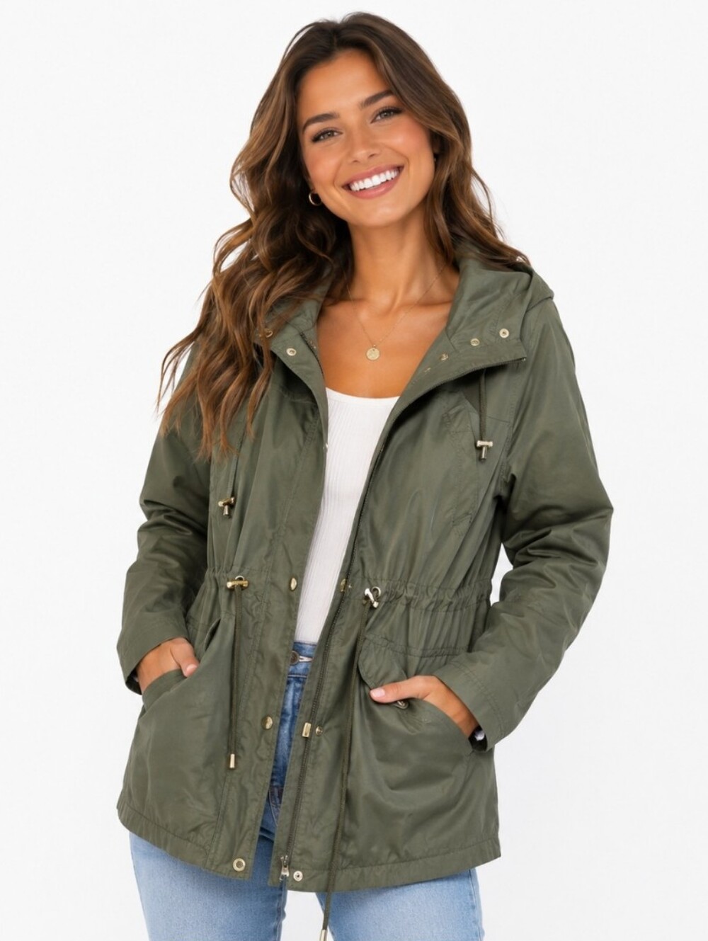 Olive Hooded Water Resistant Anorak Jacket for Women (Size:small)